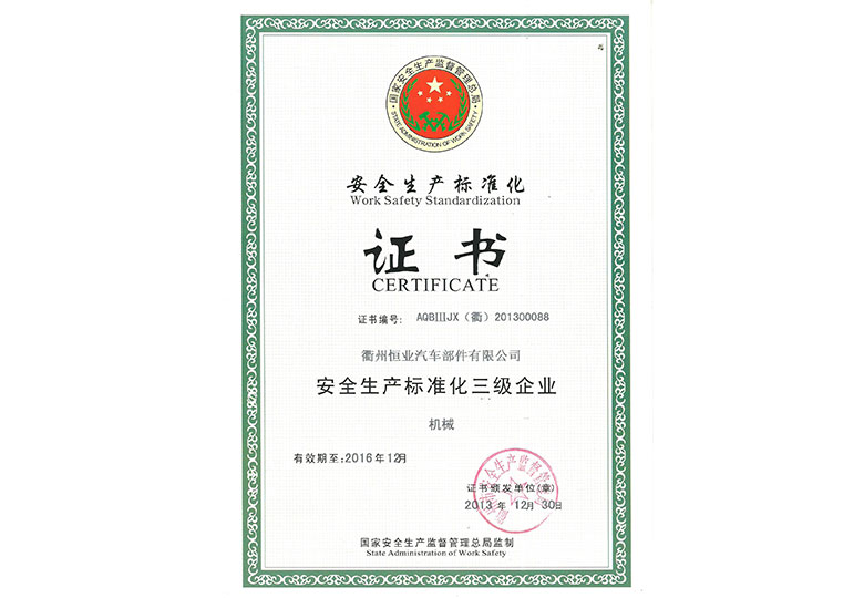 2013年榮獲國家安監(jiān)局“安全生產(chǎn)標準化三級企業(yè)”